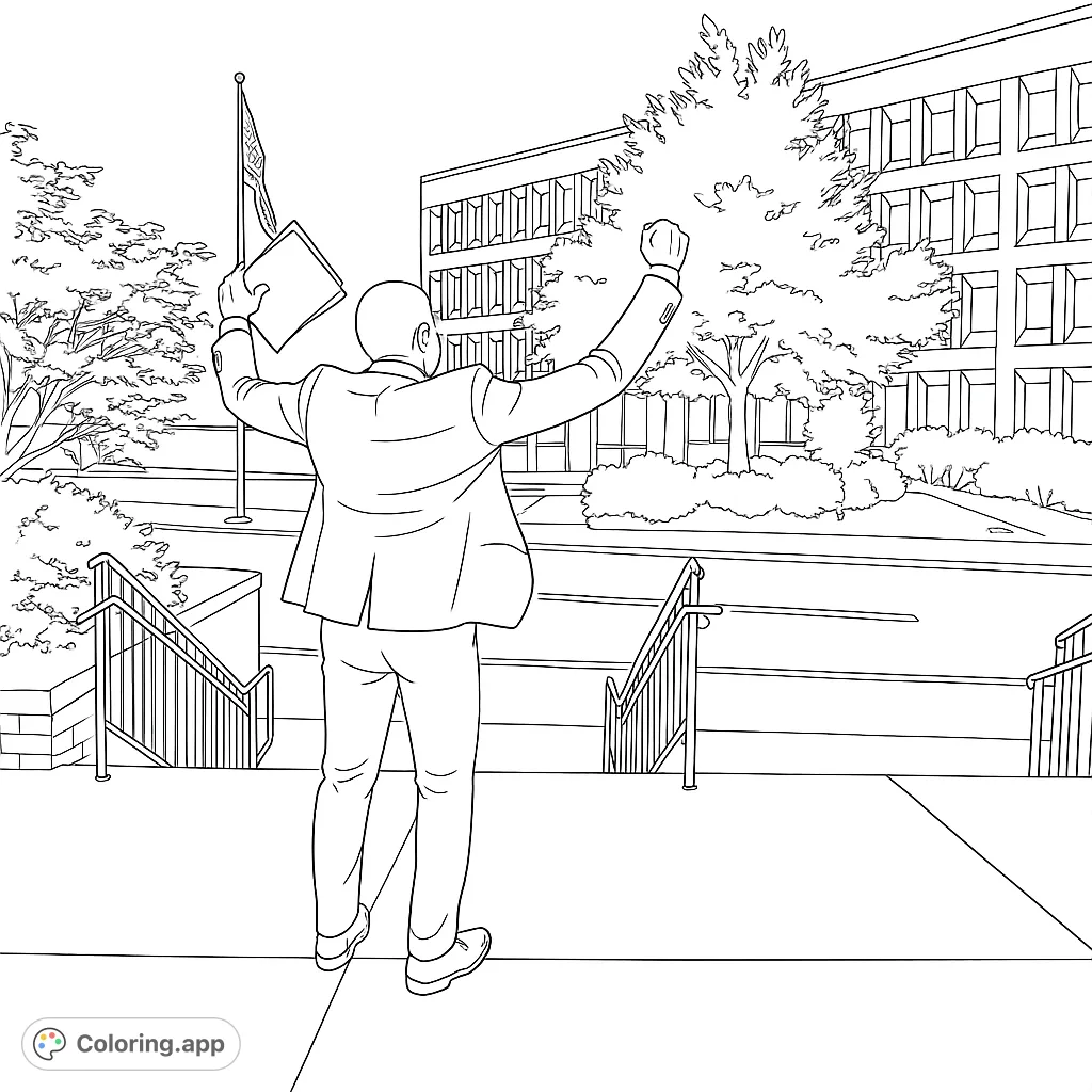 Celebrate success with this triumphant figure cityscape coloring page. A person in a suit stands victorious before a grand building, perfect for all ages.