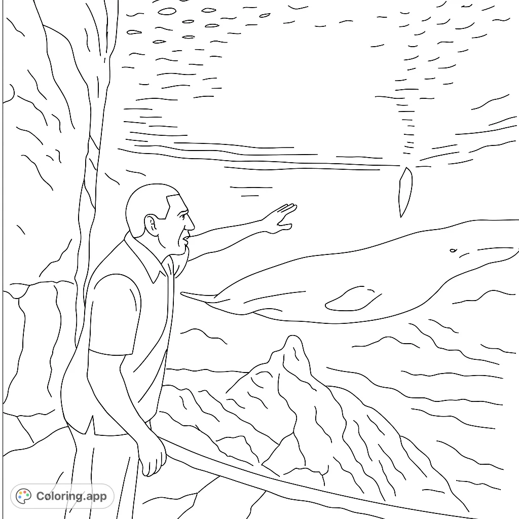 A man on a rugged cliff points to a majestic whale spouting water in the vast ocean, with distant landforms. A captivating nature scene.