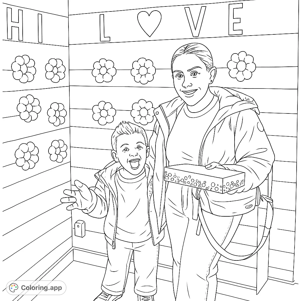 A joyful mother and son pose by a decorative "HI LOVE" wall adorned with flowers. A heartwarming family moment, perfect for a free printable coloring page.