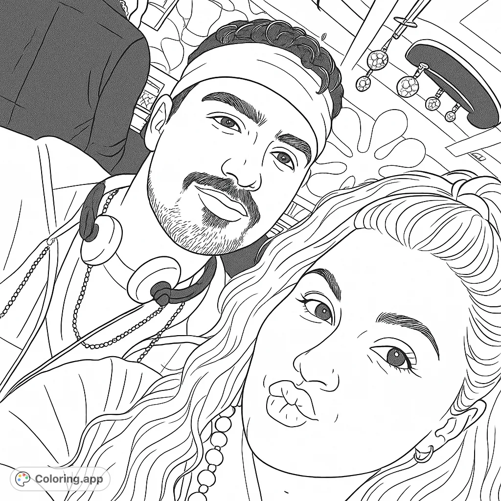 A fun selfie featuring a smiling man with headphones and a woman making a kissy face, perfect for a vibrant coloring experience.
