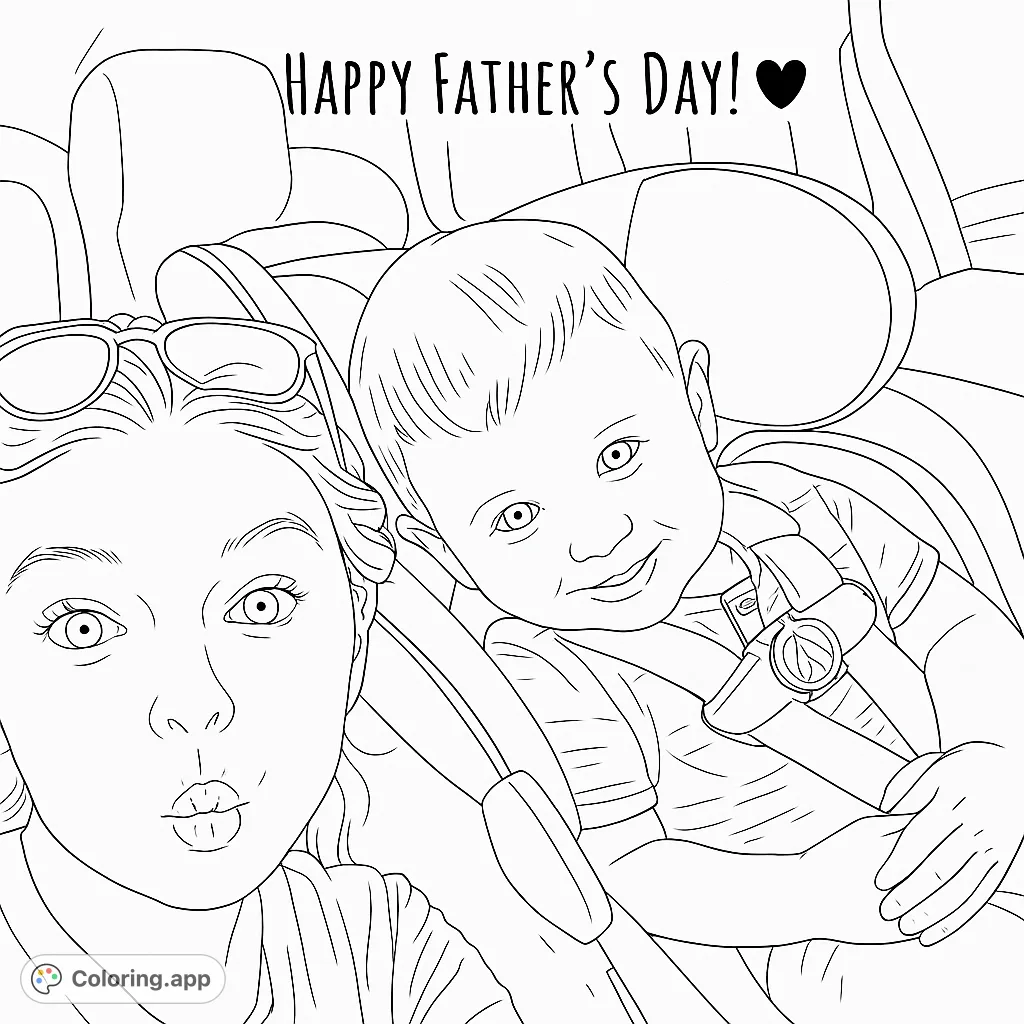 A heartwarming selfie of a woman and a smiling baby in a car seat, perfect for a special bond coloring page. Free printable for all ages.