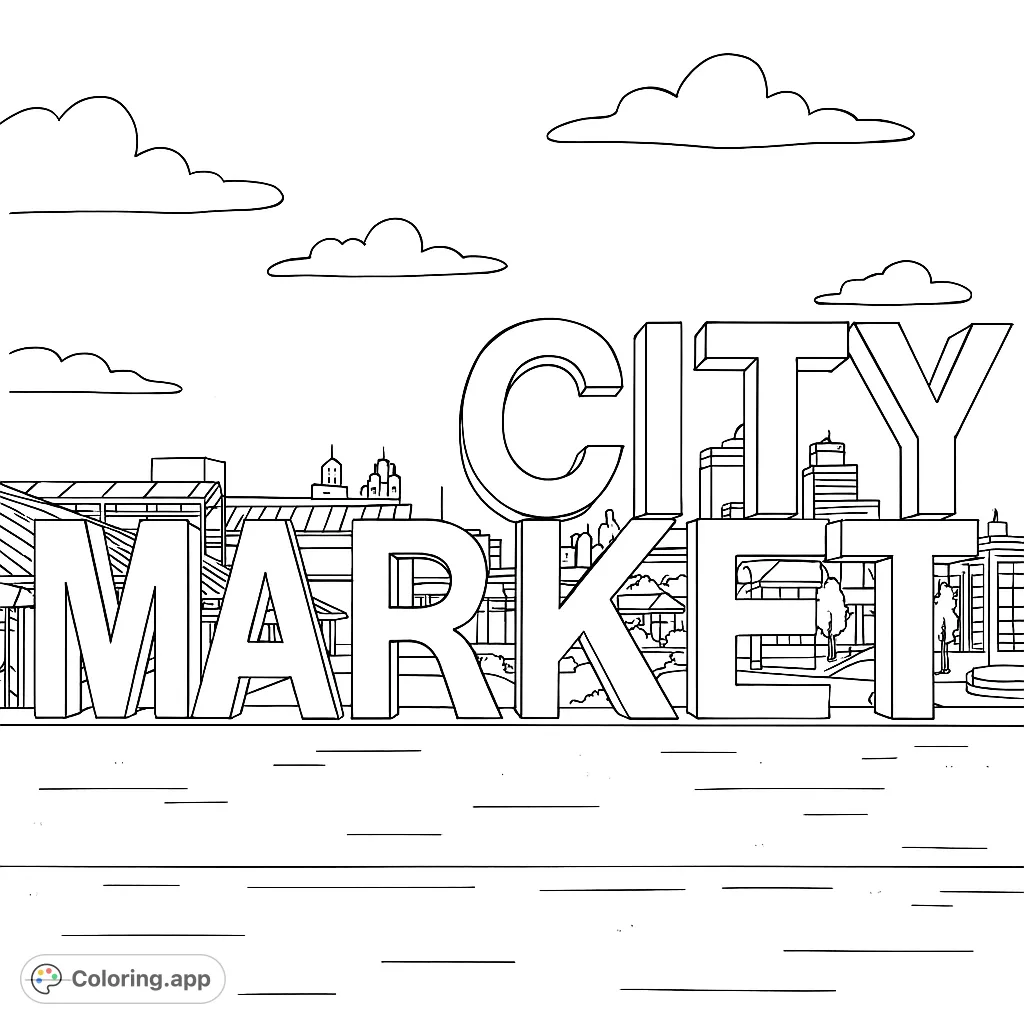 Bold 'CITY MARKET' text dominates a detailed urban skyline, perfect for a vibrant city-themed coloring adventure.