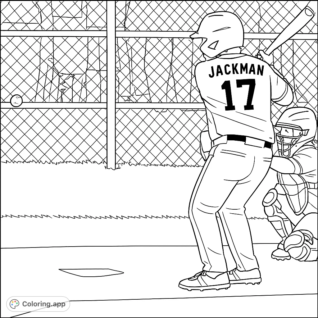 Step up to the plate with this dynamic baseball coloring page featuring a batter, catcher, and detailed stadium fence. Perfect for sports fans!