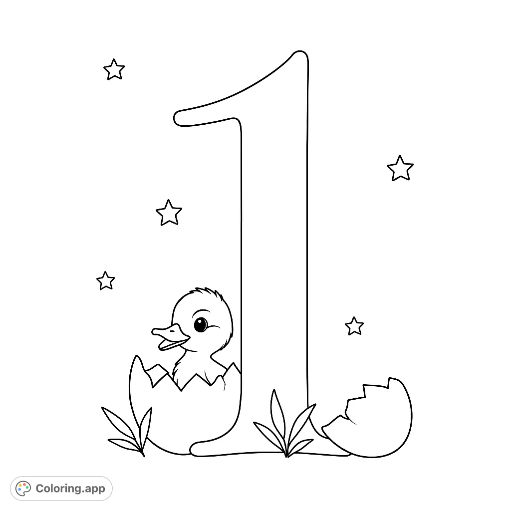 Celebrate a special milestone with this adorable duckling hatching from an egg next to a large number one, surrounded by stars and foliage. Perfect for first birthdays!