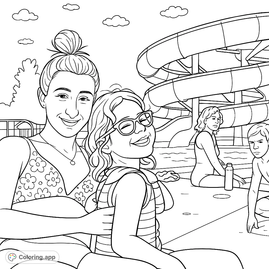 Dive into a joyful water park coloring page featuring two smiling girls, water slides, and pool fun. A free printable summer activity for all ages!