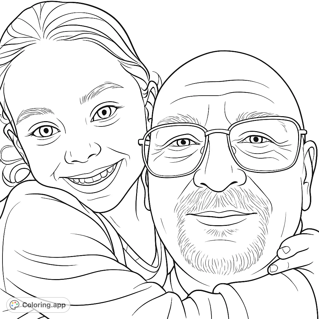 A heartwarming family coloring page featuring a joyful girl embracing her grandfather. Celebrate love and connection with this free printable family coloring page for kids and adults.