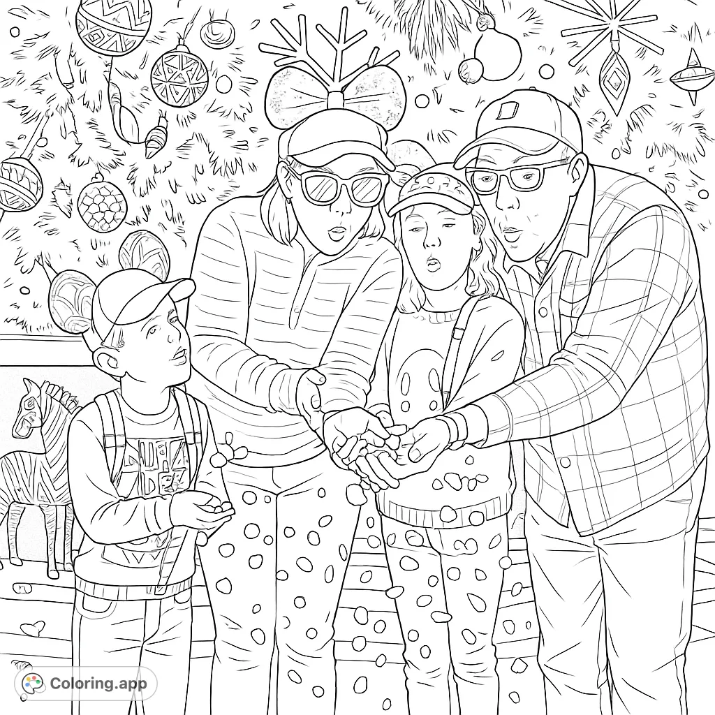 A heartwarming holiday coloring page featuring a family catching falling snow or confetti under a festive Christmas tree. Perfect for seasonal fun!