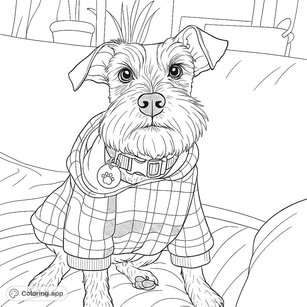 An adorable Schnauzer-like dog in a cozy plaid sweater, sitting on a couch. A charming free printable dog coloring page for all ages.