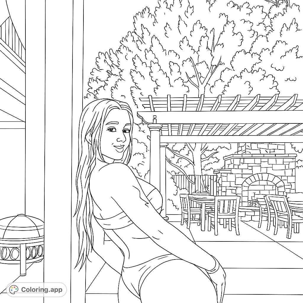 A woman in a swimsuit leans by a backyard patio with a pergola, stone fireplace, and dining set. Perfect for summer relaxation coloring.