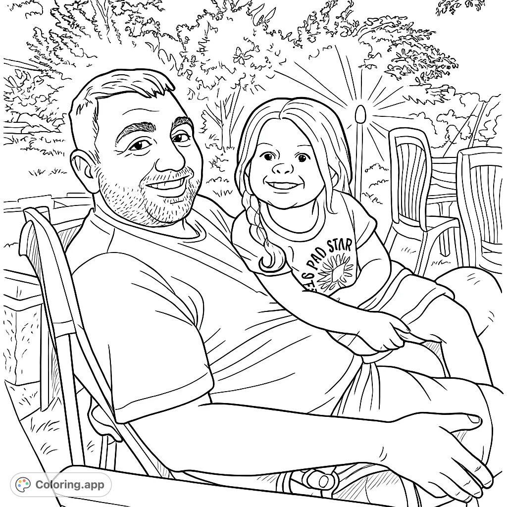 A heartwarming family coloring page featuring a smiling father and daughter in an outdoor setting, perfect for free printable coloring page fun.