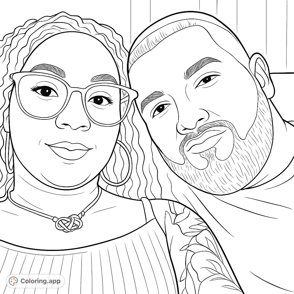 A heartwarming couple's portrait coloring page, perfect for a personalized coloring experience. Features glasses, curly hair, and a beard.