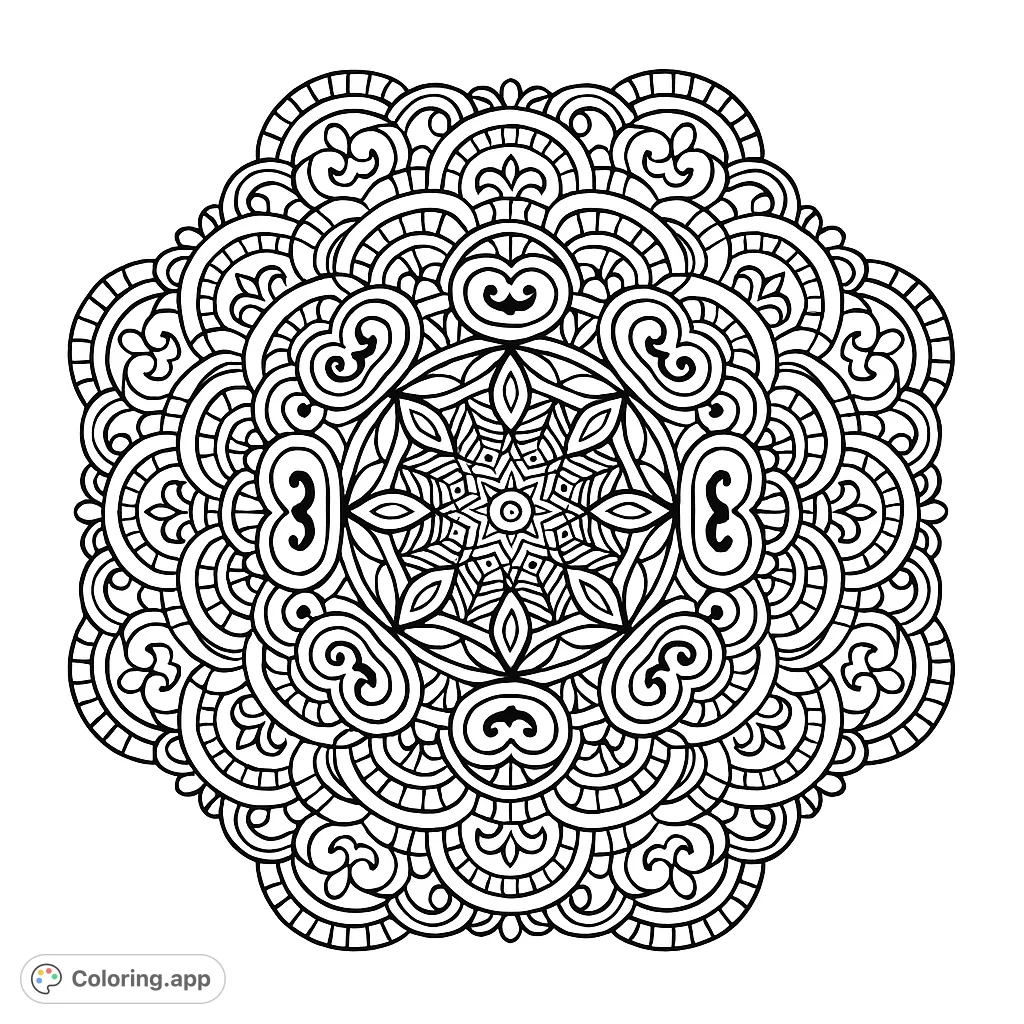 Unwind with this intricate symmetrical mandala coloring page. Features detailed patterns, perfect for mindfulness and creative expression. A free printable coloring page for adults.