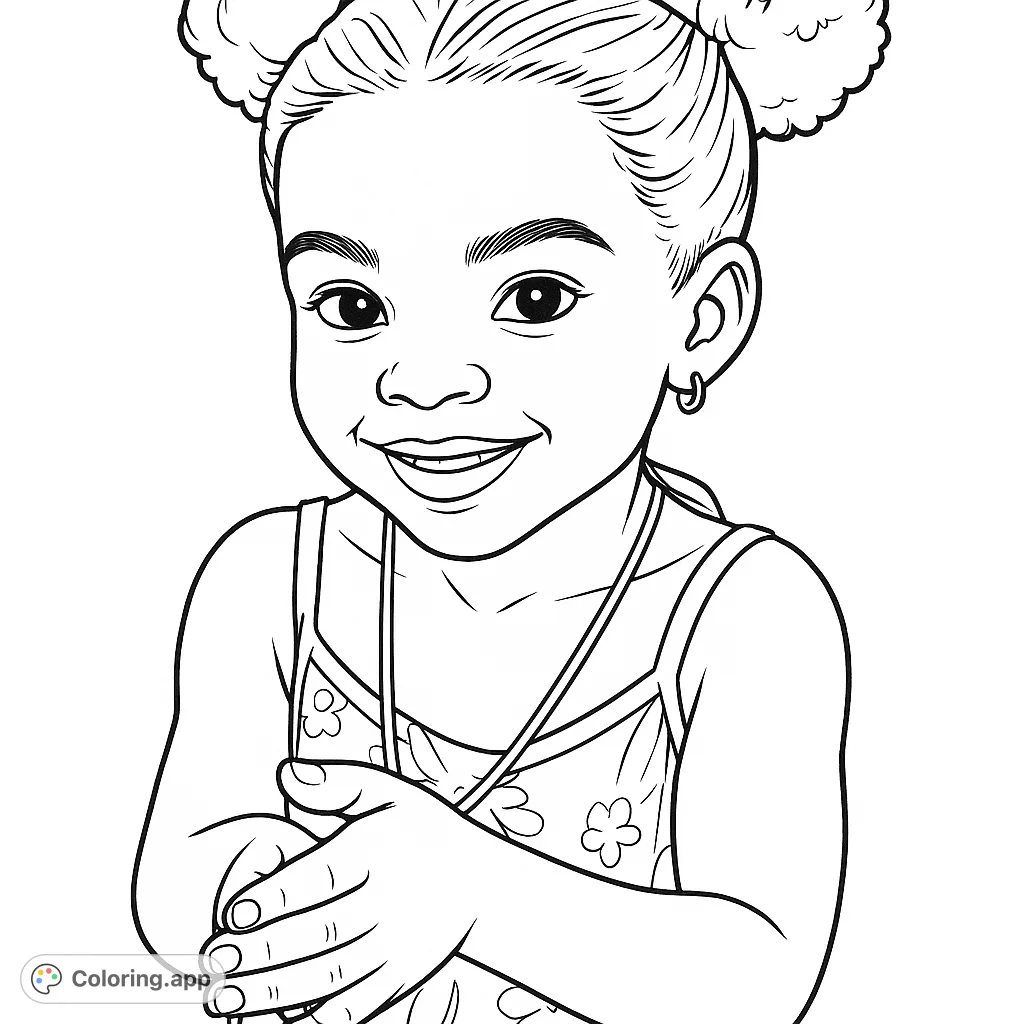 A delightful girl with pigtails and a bright smile, hands clasped, wearing a floral dress. A charming and free printable coloring page for kids and adults.