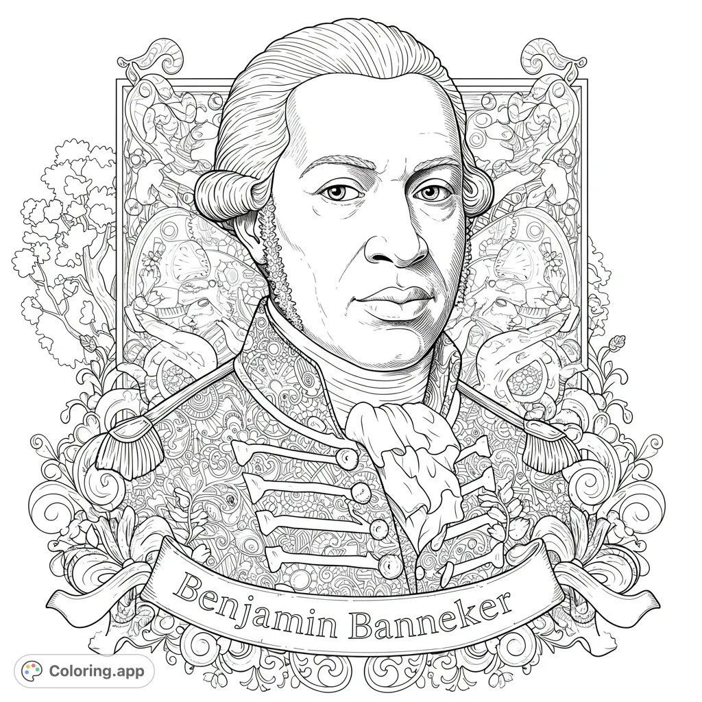Intricate portrait of Benjamin Banneker in period attire, framed by ornate patterns and natural elements. A challenging historical figure coloring page.