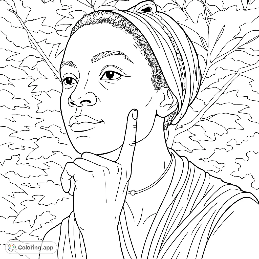 A thoughtful figure with a headwrap, hand on cheek, set against a backdrop of organic foliage. A free printable coloring page for all ages.