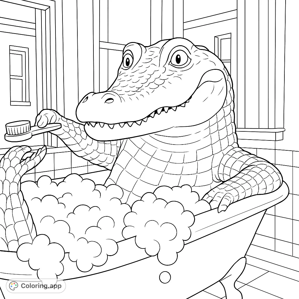 A delightful alligator enjoys a bubbly bath, holding a scrub brush in a charming bathroom scene. Perfect for a fun, free printable animal coloring page!