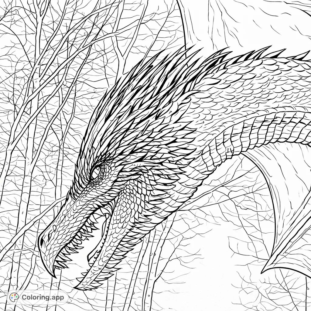 A powerful dragon's head with intricate scales and an open mouth, set against a misty backdrop of bare trees. A challenging and rewarding fantasy coloring page.