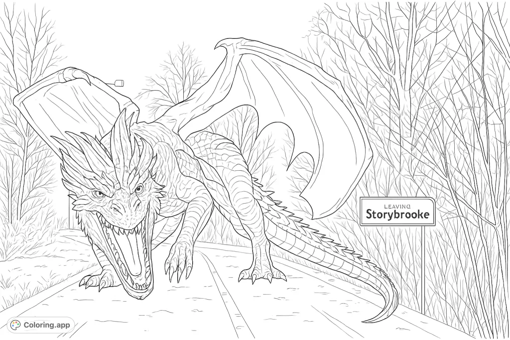 A powerful dragon stands roaring on a misty road, surrounded by bare trees. This dramatic fantasy dragon coloring page offers intricate details and a mysterious setting.