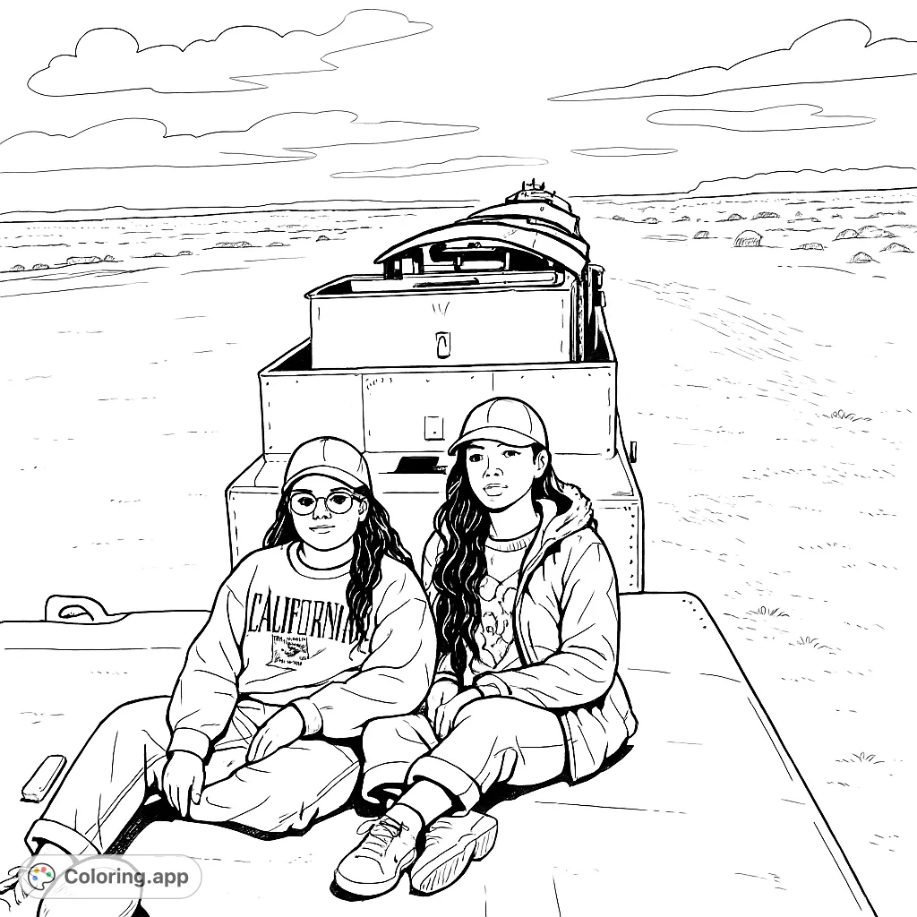 Two friends on a desert journey, sitting atop a large vehicle, ready for adventure. A unique travel-themed coloring page for all ages.
