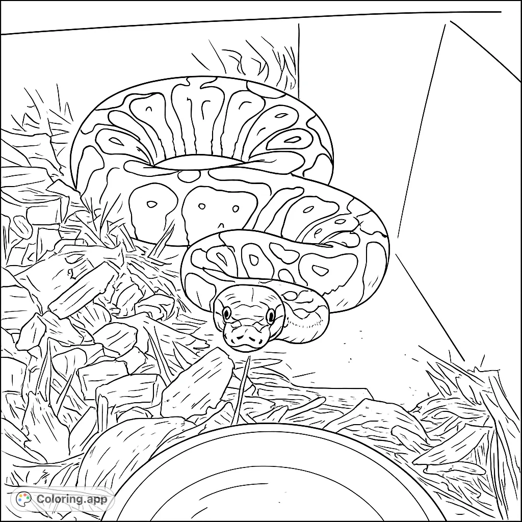 A captivating ball python coiled amidst wood chips, featuring intricate scale patterns. A perfect snake coloring page for reptile enthusiasts!