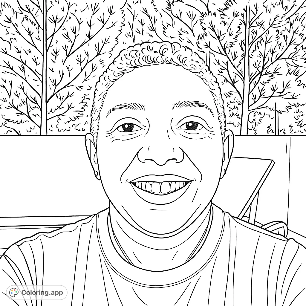 A cheerful portrait of a person with curly hair smiling broadly outdoors, set against a backdrop of detailed trees. A free printable portrait coloring page.