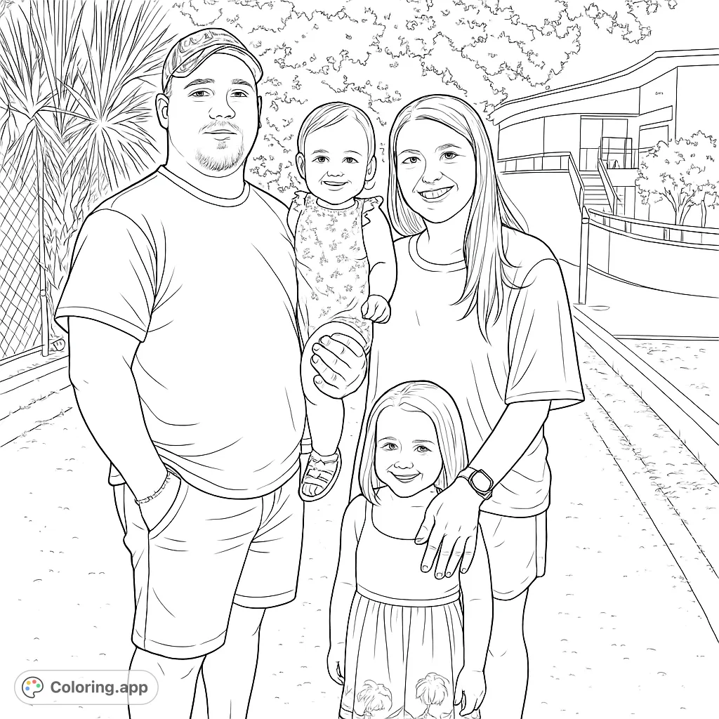 A happy family of four, including parents and two daughters, enjoying an outdoor moment. Perfect for a personalized family coloring page.