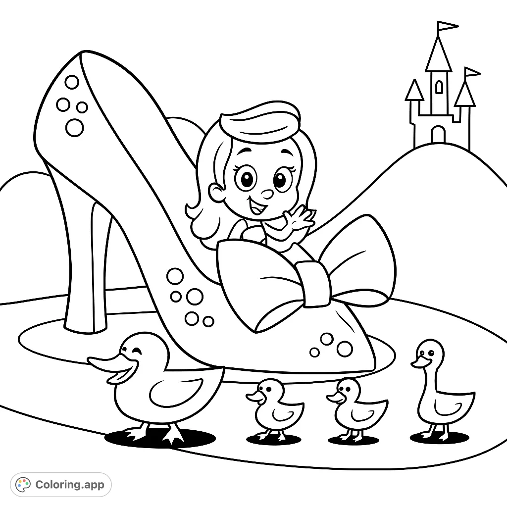 A whimsical princess adventure featuring a girl in a giant high-heeled shoe, accompanied by ducks and a distant castle. Perfect for fantasy coloring fun!