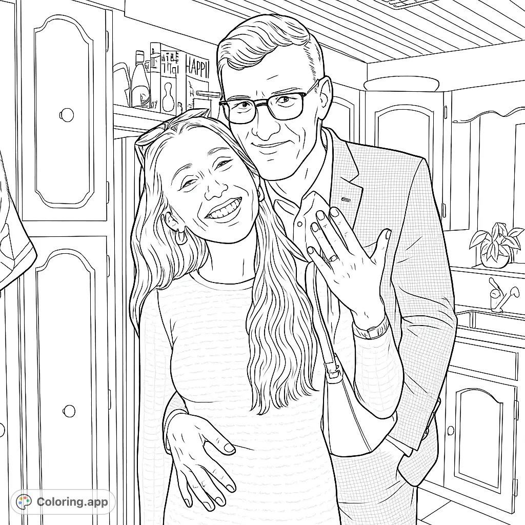 Capture the joy of a couple embracing in a cozy kitchen. A detailed black and white line drawing perfect for personalizing with your favorite colors.