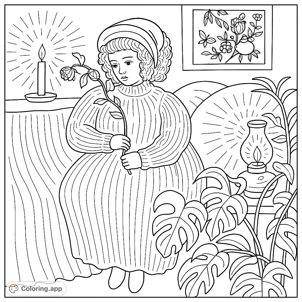 A woman holds a mysterious flower in a dreamlike room with glowing lights and lush plants. A unique adult coloring page for relaxation.