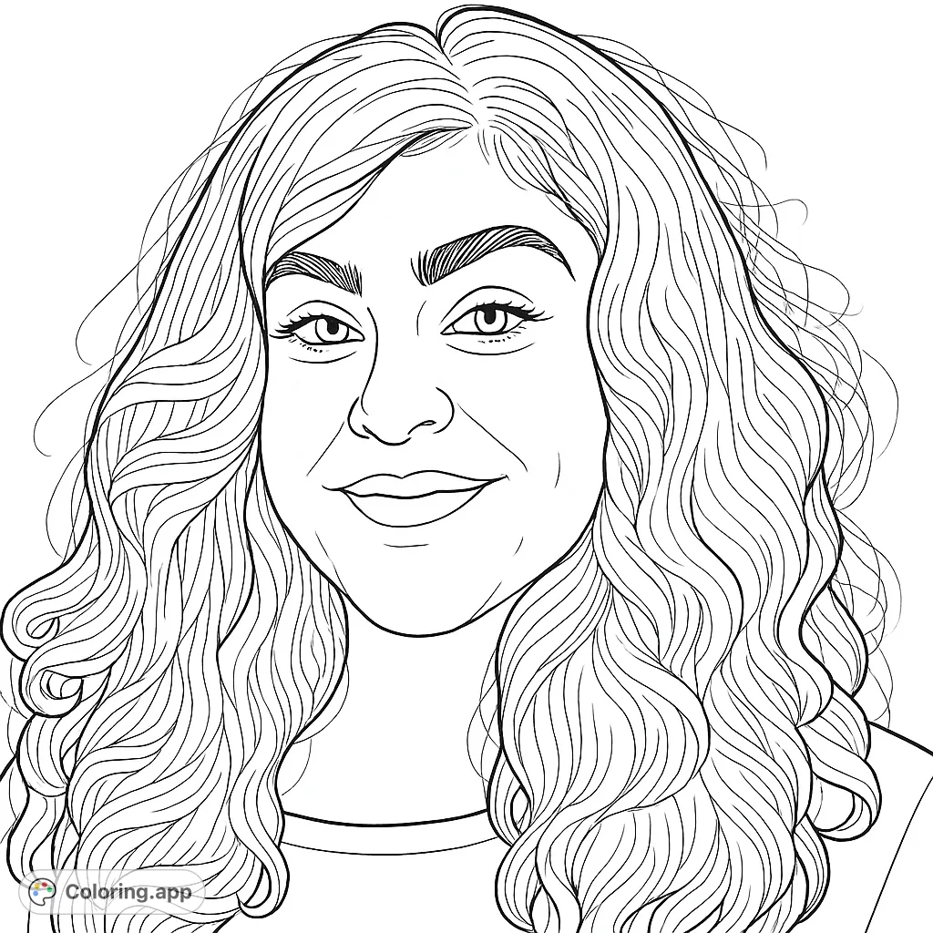 Smiling woman portrait coloring page with flowing curly hair. A free printable coloring page for adults and kids, perfect for creative expression.