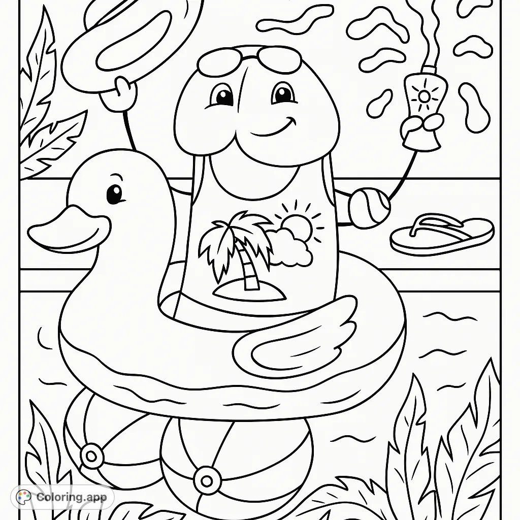 A cheerful, anthropomorphic character enjoys a sunny pool day in a rubber duck float, surrounded by beach balls, sunscreen, and tropical leaves. A fun summer scene!