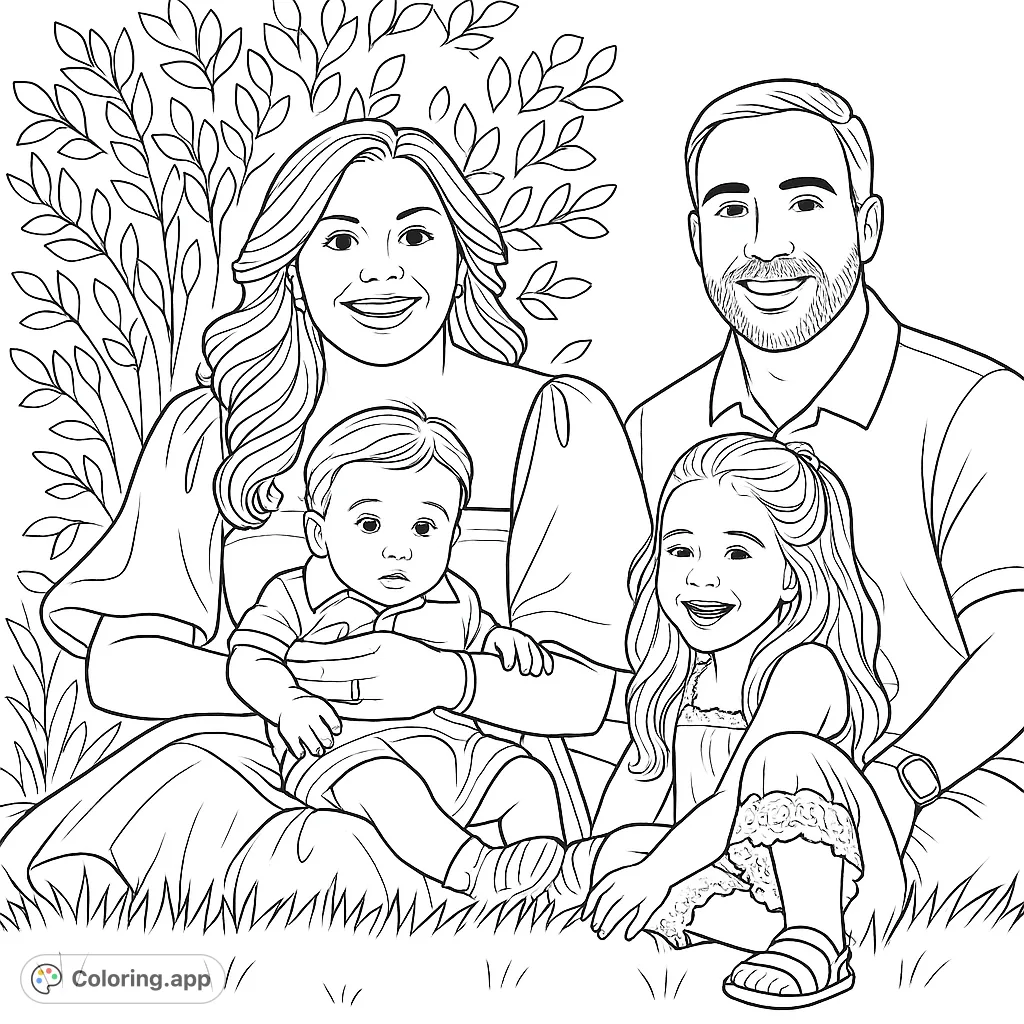 A heartwarming family portrait coloring page featuring two parents and their two young children smiling outdoors. Perfect for family fun and creative expression.