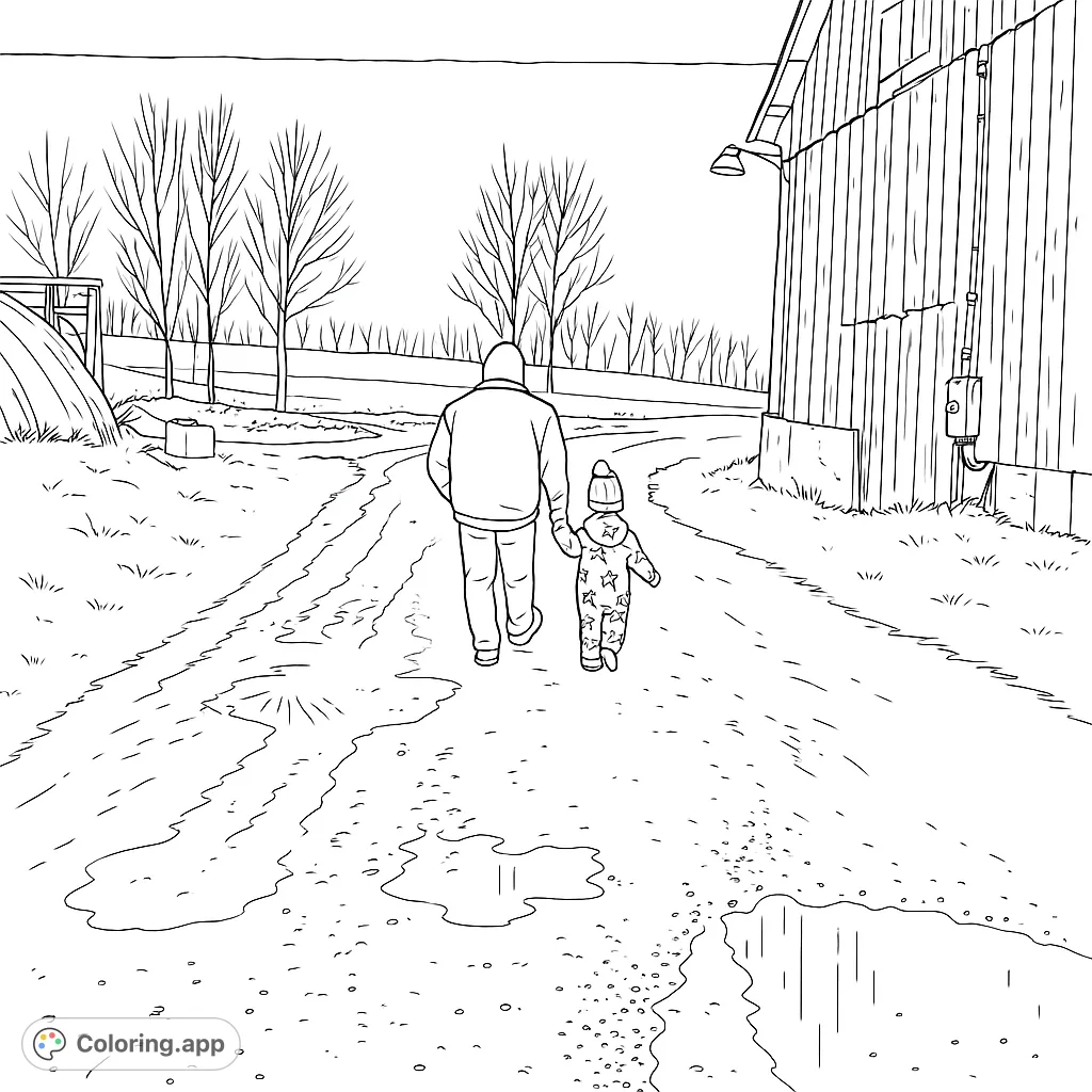 A heartwarming rural path coloring page featuring a family stroll, weathered barn, and puddles. A free printable coloring page for all ages.