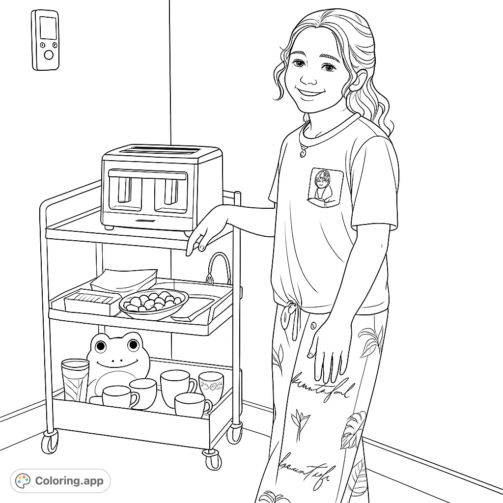 A cheerful girl stands by a cart filled with snacks and drinks, ready for a cozy moment. Perfect for a relaxing coloring session.