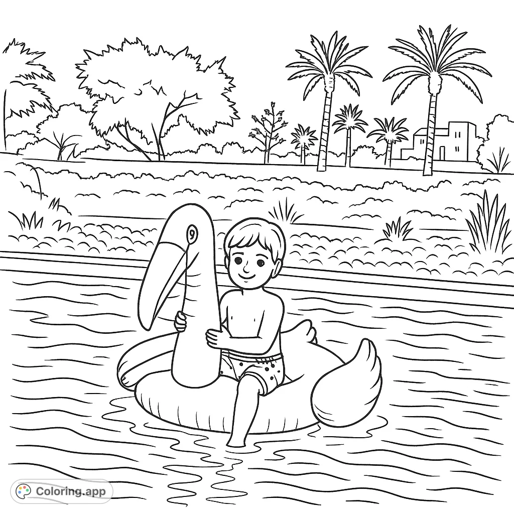 A child enjoys a sunny day on a giant swan float in a pool, with palm trees in the background. A fun summer pool party coloring page.