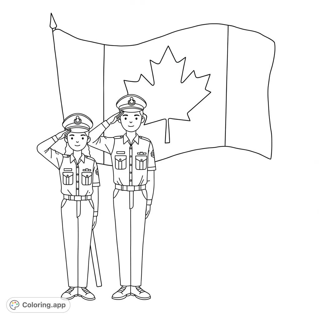 A patriotic air cadet coloring page featuring a boy and girl cadet saluting a Canadian flag. Perfect for free printable activities and learning.
