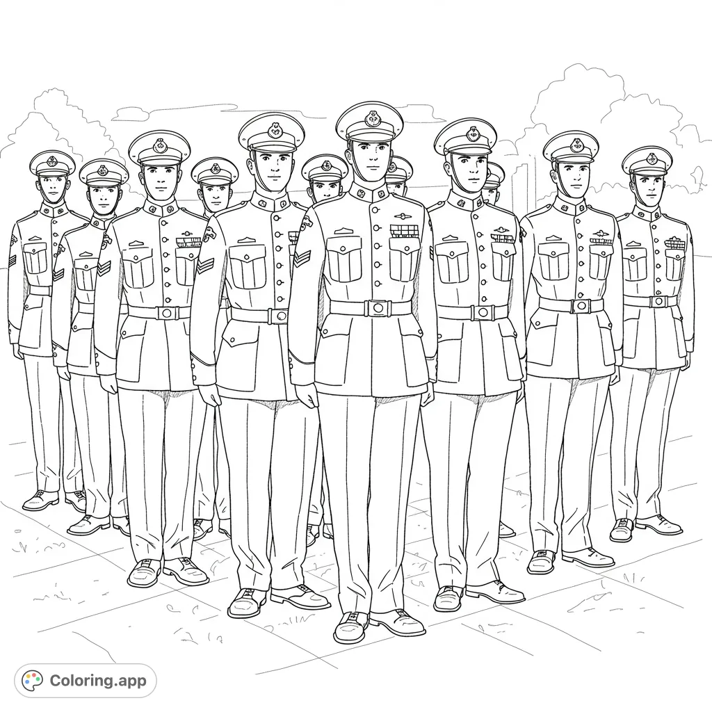 A detailed Air Cadets coloring page featuring Toronto 818 Falcons in parade. A free printable coloring page for discipline and focus.