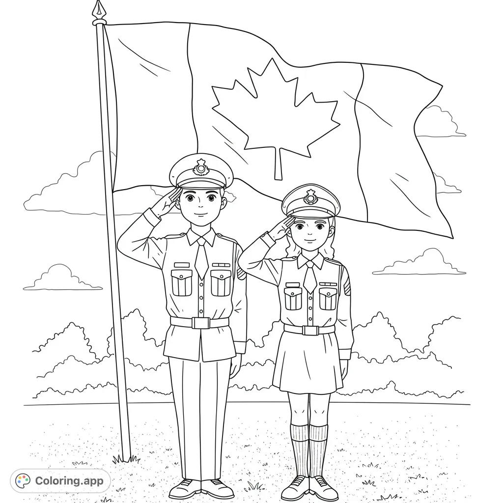 Inspiring air cadet coloring page featuring a boy and girl saluting the Canadian flag. Perfect for patriotic themes and learning about service.