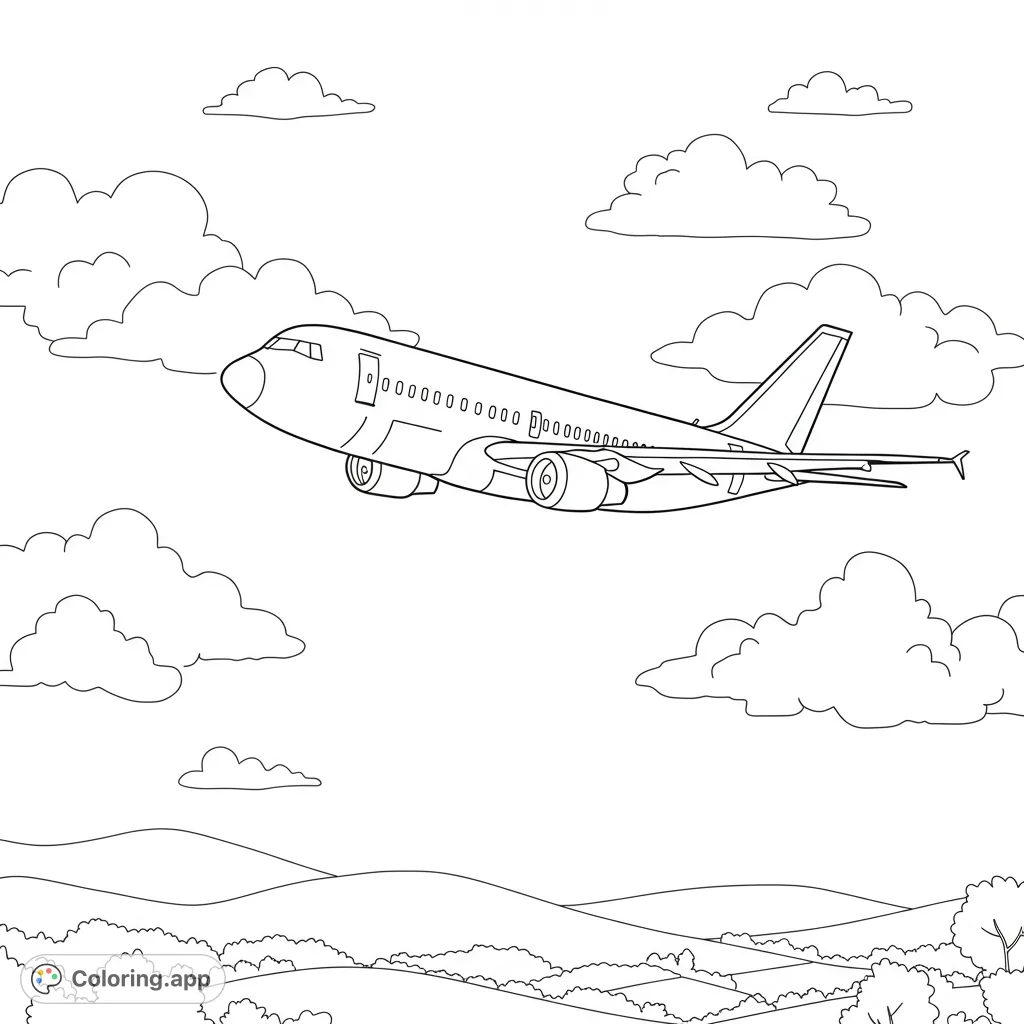 Soar through a sunny sky with this airplane coloring page, featuring fluffy clouds and distant trees. Perfect for aviation enthusiasts!