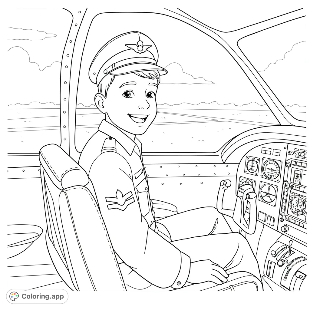 A joyful Air Cadet in a plane cockpit, ready for takeoff. A detailed black and white line drawing perfect for aviation enthusiasts and aspiring pilots.
