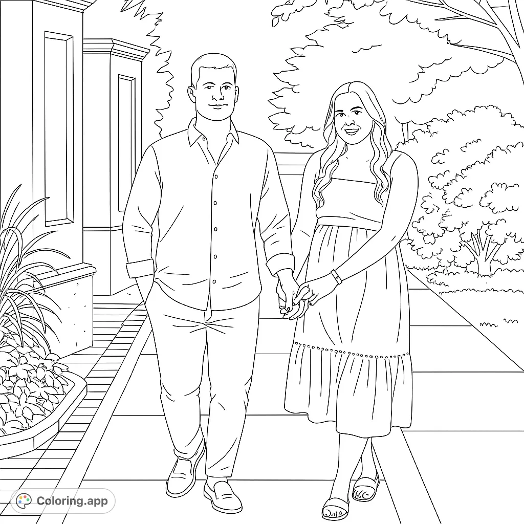 A charming couple walks hand-in-hand on a park path, surrounded by lush foliage and architectural details, perfect for a romantic coloring page.