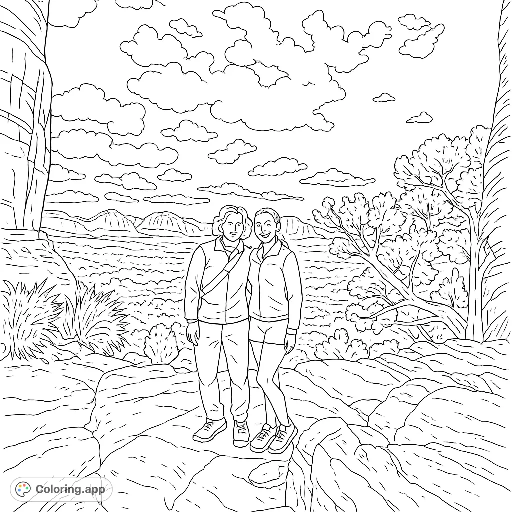 Two friends pose on a rocky mountain peak overlooking a vast desert landscape with layered hills and a cloudy sky. A free printable nature coloring page.