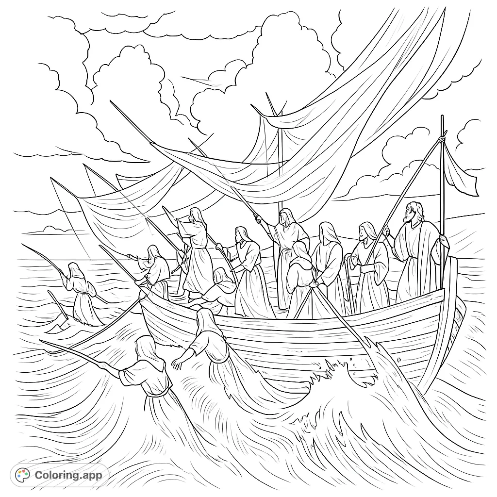 Dive into a dramatic fishing scene with a boat, fishermen, and vast nets under a dynamic sky. A free printable religious coloring page.