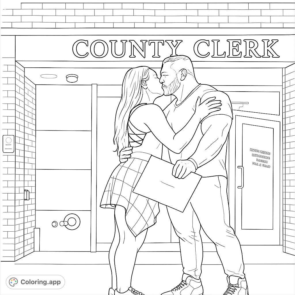 A romantic couple shares a tender kiss outside a building, holding a document. Celebrate love with this heartwarming free printable coloring page.