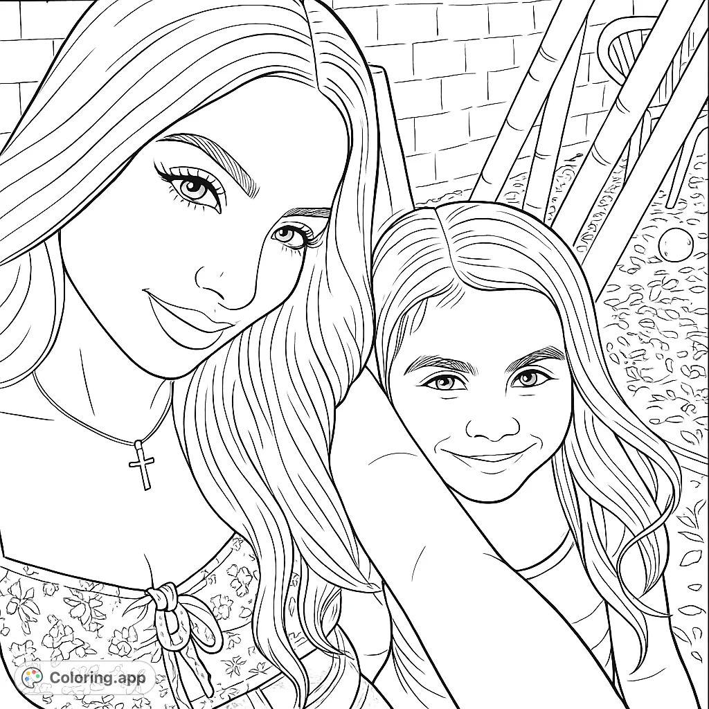 A heartwarming mother and daughter portrait, perfect for a family coloring page. Free printable coloring page for kids and adults.