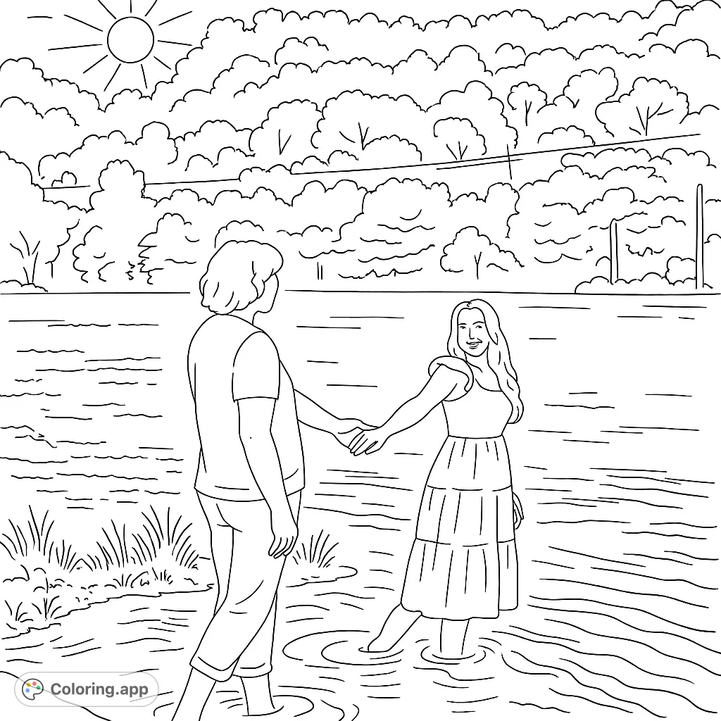 A romantic couple holds hands in shallow water, surrounded by a serene lake and lush forest. A beautiful nature and love-themed coloring page.