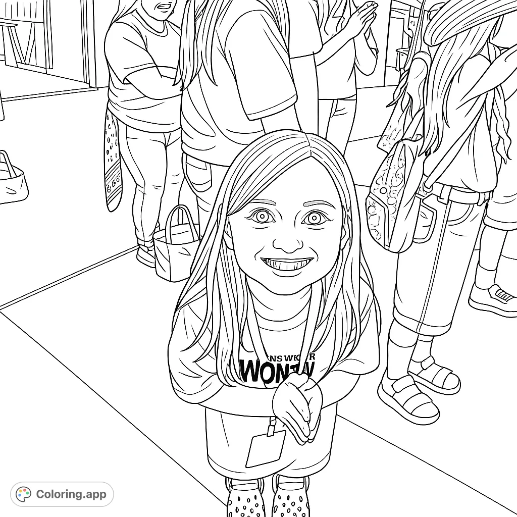 A delightful free printable child portrait coloring page featuring a smiling child with unique shoes, perfect for kids and adults.