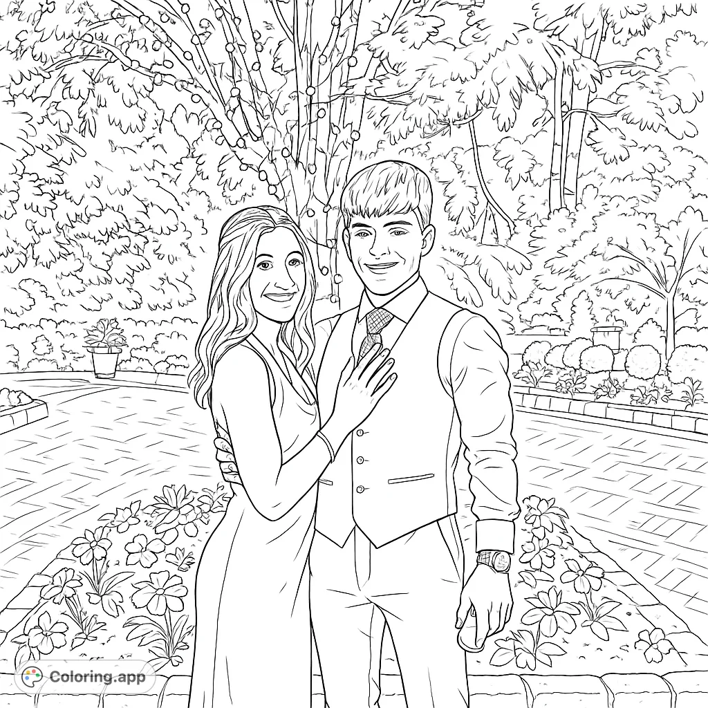An elegant couple in a beautiful garden setting, perfect for a romantic evening coloring page. Features intricate details of attire, flowers, and string-lit trees.