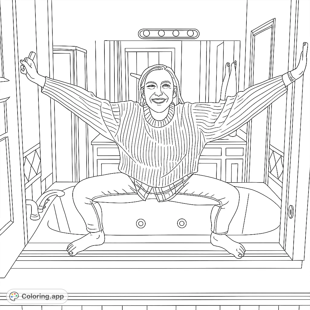 A person strikes a playful pose over a bathtub, arms outstretched, framed by wooden panels. A fun, free printable coloring page for all ages.
