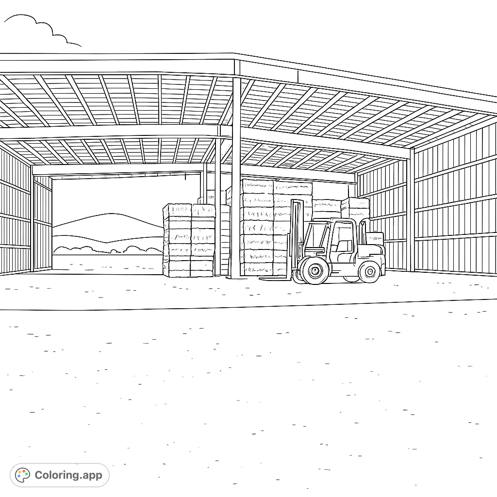 Explore a detailed farm barn with stacked hay bales and a powerful forklift. A rural landscape unfolds in the background. Perfect for farm life enthusiasts!